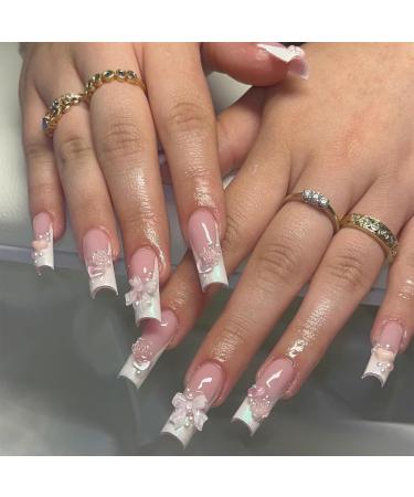 French Tip Press on Nails - Long Press On Nails with Nail Tips Pink flower bowknot Design pearl love heart false nails press on nails Acrylic False Nails Cute Artificial Nails