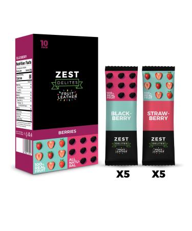 Zest Delites Fruit Leather Snacks, Gluten Free Vegan Healthy Snacks for Adults and Kids, Variety Snack Pack, 0.88 oz (Pack of 10) Berries Mix Strawberry and Blackberry Fruit Bars Berries 1 Count (Pack of 10)