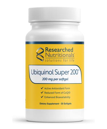 Researched Nutritionals Ubiquinol Super 200 - Enhanced Absorption CoQ10 200mg Softgels - Antioxidants Supplement to Support Heart Health Energy & Healthy Aging (30 Count)