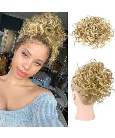 Dirty messy bun short curly ponytail extension synthetic hair scrunchy big bun hair part with hair clip clip cord strain loose hair bun hair extension (gold)