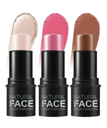 3 PCS Contour Stick Highlighter Stick Waterproof Long Lasting Highlighter Makeup Stick Lightweight Multi-use Cream Contour Buildable Face Makeup Kit for Cheeks Lips All Skin