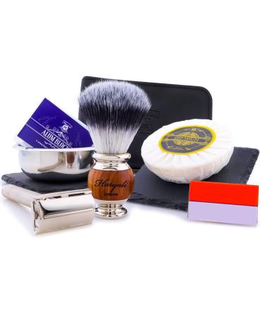 Haryali London Razor Set - Razor brush vegan - shaving soap shaving bowl alaunstein - 6 partly wet razors men women's razor set including shaving blades Razor plane - Leder case for razor planes