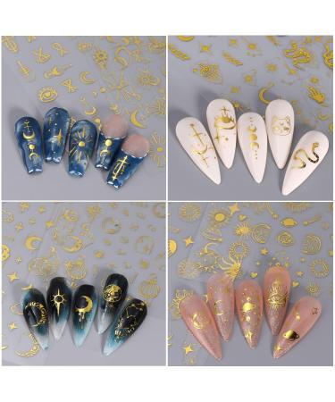 8 Sheets Gold Star Nail Stickers | Metallic 3D Self-Adhesive Nail Art Decals for Women - Sun Moon & Planet Designs - Buy Online on GoSupps.com