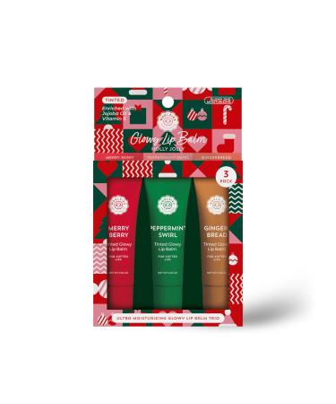 Holiday Vegan Glowy Tinted Lip Balm Set | Shea Butter Jojoba & Beeswax-Free Formula | Hydrating Lip Care with Buildable Color & Radiant Finish | Stocking Stuffer Gift (3 Pack Holly Jolly) Holly Jolly 3 Pack