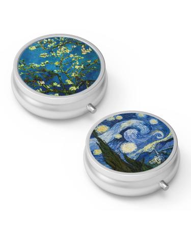 Pill dose 3 compartments Medicine Pill dose portable pill box for bag or wallet Pillendose Decorative Metal Medicine Vitamin Organizer Unique Gift (2 pieces) Set-2-van Gogh Almond Blossom+Starry Night 2 pieces