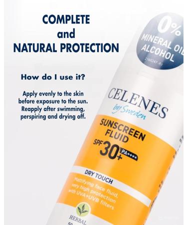 Celenes by Sweden Herbal Dry Touch Fluid Sun Cream SPF 30 50 ml Organic & Mineral Sunscreen Filters - Suncream Factor 30 Matte Finish UV Protection Sun Cream SPF 30 Waterproof Paraben/Perfume Free Sun Fluide SPF30+ - Buy Online on GoSupps.com