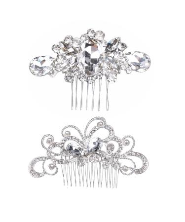 2 PCS Bride Hair Comb Accessories for Women Wedding Headpiece for Pieces Flower Crystal Hair Accessories for Women Bride Wedding Hair Comb Flower Girls Bridal Hair Accessories Hair Piece for Women and Girls (Silver)