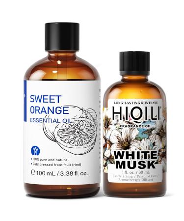 HIQILI 100ML Orange Essential Oil & 30ML White Musk Fragrance Oil for DIY Diffuser
