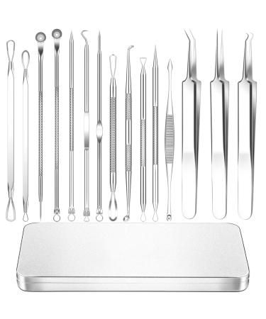 2022 Latest 15 PCS Blackhead Remover Tools, Pimple Popper Tool Kit, Acne Extractor Tool , Professional Stainless Pimple Acne Blemish Removal Tools Set with Metal Case Silver