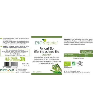 Phyto Sud Complex Organic Fennel 600 mg and Peppermint Organic 200 mg - Fennel Capsules with Peppermint to Help with Difficult Digestion - 60 Capsules - 1 Month Cure Made in France - Buy Online on GoSupps.com