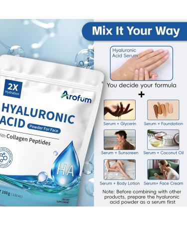 Arofum Hyaluronic Acid Powder, with Collagen Peptides DIY Hydrating Serum & Skincare Ingredient, Clean Formula, Gluten-Free, No Preservatives 100g / 3.52oz - Buy Online on GoSupps.com