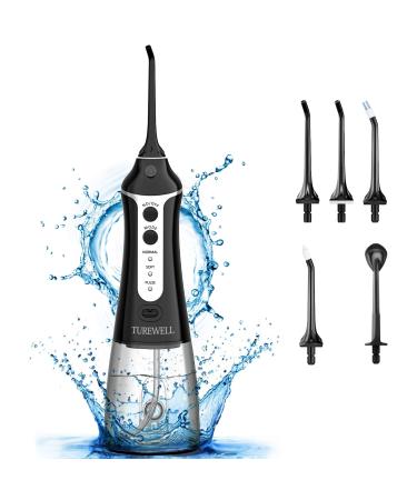 TUREWELL Water Flossing Cordless Oral Irrigator - 300ML Portable IPX7 Waterproof Water Teeth Cleaner, 3 Modes Water Cordless Oral Irrigator for Teeth/Braces, 5 Water Jet Tips for Travel & Family Use Black