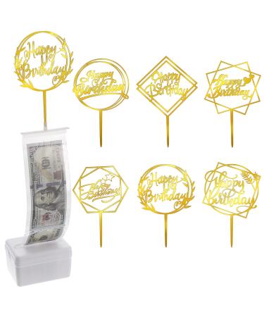 JOELELI 107 Pieces Cake Money Box Kit 6 Pieces Happy Birthday Cake Topper 100 Pieces Clear Bags Connected Pockets Cake Money Pull Out Kit for Birthday Party Gift Cake Decoration(Gold)