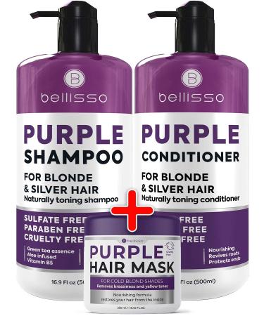BELLISSO Purple Shampoo and Conditioner and Hair Mask - Sulfate Free Salon Grade - Hydrating Toner - Shimmer Correction for Platinum Blond Silver Light and Grey Hair