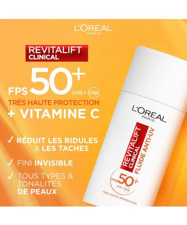 L Or al Paris L'Or al Paris - Anti-UV Fluid SPF 50+ Vitamin C + Vitamin E + Hyaluronic Acid - Spots Wrinkles & Uneven Complexion - Invisible Finish - Long UVB & UVA Protection - 50 ml - Buy Online on GoSupps.com