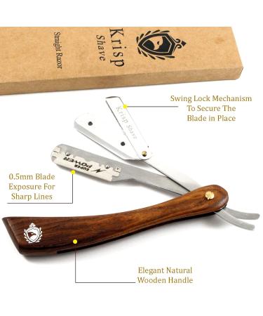 Professional Straight Edge Shaving Razor - Krisp Beauty Natural Wood Handle Shavette for Men | Barber Salon Quality Stainless Steel with 5 Blades - Buy Online on GoSupps.com