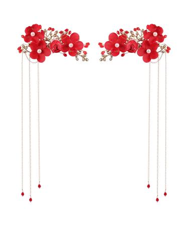 Beaupretty 1 Pair Bridal Tassel Hairpins Flower Pearl Rhinestone Chinese Traditional Style Hair Clip Headdress Festive Wedding Hair Accessories for Bride Bridemate Women Girls Ladies Students(Red)
