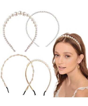 4 Pcs Pearl Headbands for Women - Headbands for Hair Band With Pearls - Gold & White Faux Pearl Headband Metal Headbands for Girls Rhinestone Headbands - Bridal Headdress Hair Hoop Headband for Women
