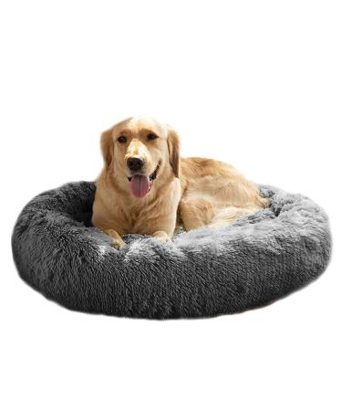 MFOX Calming Dog Bed (L/XL/XXL/XXXL) for Medium and Large Dogs Comfortable Pet Bed Faux Fur Donut Cuddler Up to 25/35/55/100lbs X-Large(32"x24") Grey