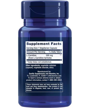 Buy Life Extension L-Carnitine 500mg - Energy & Memory Supplement - Gluten-Free Non-GMO Vegetarian - 2-Pack Capsules - Buy Online on GoSupps.com