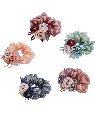 5 Pack Glitter Sparkly Rose Flower Hair Ties Floral Bows Elastics Rubber Bands Bubble Hair Ring Loop Stretchy Hair Band Scrunchies Ponytail Holder for Women