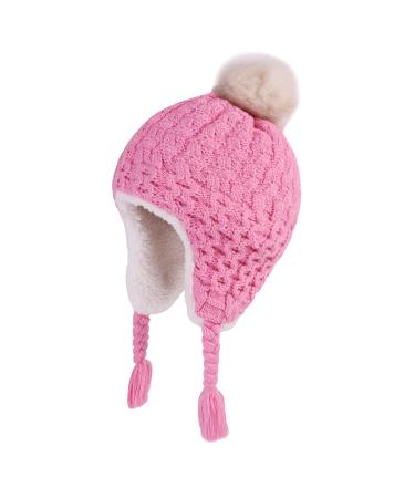 LANGZHEN Toddler Kids Infant Winter Hat Earflap Knit Warm Cap Fleece Lined Beanie for Baby Boys Girls 6-12 Months Jacquard -Peach