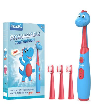 Papablic Debby Rechargeable Kids Electric Toothbrush for Ages 3+, with Cute Dino Cover, Timer and Brushing Chart, 4 Brush Heads Blue Debby
