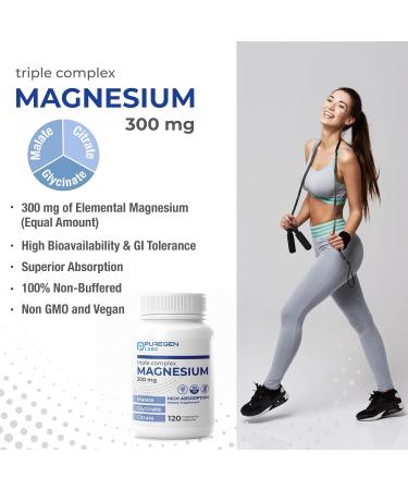 Puregen Labs Triple Magnesium Complex 300mg of Magnesium Glycinate Malate & Citrate High Absorption 120 Veg Capsules | No Harmful Additives | Non-GMO NO Gluten and Dairy - Buy Online on GoSupps.com