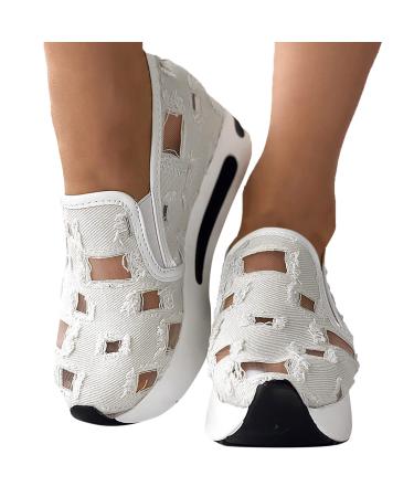 Hbeylia Platform Wedge Fashion Sneakers for Women Embroidery Floral Mesh Air Lace Chunky Sole Hidden High Heels Slip On Loafers Walking Work Shoes Arch Support Low Top Play Sneakers Loafers 6.5 White-4