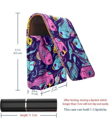 Leather Lipstick Case with Mirror - Mini Organizer for Lip Gloss & Lipstick | Colored Abstract Fishes Design - Buy Online on GoSupps.com
