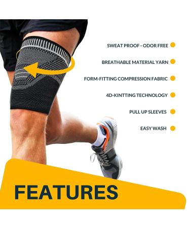 Upper Thigh Compression Sleeve - Pair of Hamstring Supports for Muscle Pain - Ideal for Running & Groin/Quad Pain - Black, Medium - Men & Women - Buy Online on GoSupps.com