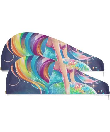 Cartoon Rainbow Mermaid Hair Towels 2 Pack | Super Absorbent Quick Dry Hair Turbans for Women & Girls - Buy Online on GoSupps.com