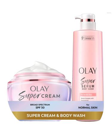 Olay Super Cream with Sunscreen SPF 30 (1.7 oz) + Body Wash for Normal Skin (18.5 oz) - 24hr Long Lasting Hydration - Vitamin C & E Hyaluronic Acid Niacinamide - Smooth Brighten Firm