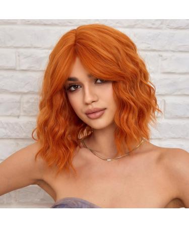 WOKESTAR Bob Curly Wig with Fringe Short Synthetic Wavy Wigs for Women Orange Red Color 12 inch Orange Red