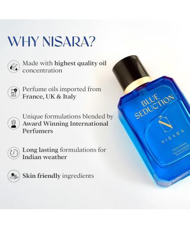 Nisara Blue Seduction Perfume For Men 50 ml | Long Lasting Eau De Parfum | Premium Perfume | Fresh-Aqua Aromatic Fougre Amber Fragrance | With Lemon Green Apple Patchouli| EDP Scent for men - Buy Online on GoSupps.com