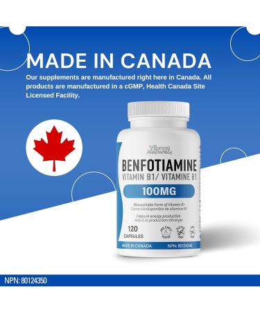 Benfotiamine Vitamin B1-120 Capsules 100mg of High Absorption Vitamin B1 Supports Normal Growth & Energy Production Third Party Tested Gluten Free Vegan Made In Canada by Vibrant Naturals - Buy Online on GoSupps.com