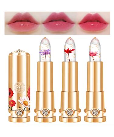 3 Colors Crystal Flower Jelly Lipstick Set Magic Temperature Color Changing Lip Gloss PH Lipstick Color Changing Jelly Lipstick Waterproof Moisturizer Lip Balm (1+2+3)