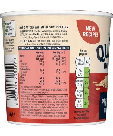 Quaker Oat Protein Original Porridge Pots 6 x 49g - High-Protein Breakfast Instant Oats - Buy Online on GoSupps.com