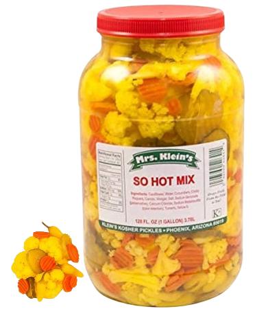 SO HOT MIX-Spicy Pickled Cauliflower Florets, Spicy Sliced Carrots, Sliced Pickles and Yellow Hot Chilis  Vegan Snacks  Bulk 1 Gallon 128 Fl Oz (Pack of 1)