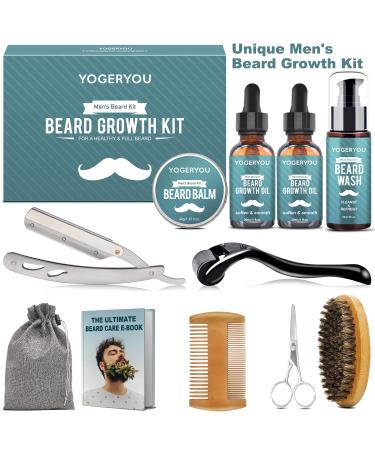 Beard Growth Kit with Straight Razor, Roller, Oil, Wash, Balm, Brush, Comb, Scissors - Men's Birthday & Christmas Gifts - Buy Online on GoSupps.com