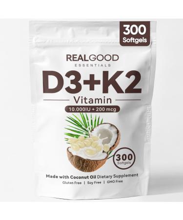YAMFIUY Real Good Essentials Vitamin D3 K2 Real Good D3+K2 (MK7) Coconut Oil Softgels Immune Supports Bone Support Easy to Swallow Non-GMO Gluten Free 300 Softgels