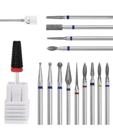 15Pce Nail Drill Bit Set with 1 Black 5 in 1 Ceramic Nail Drill Bit 3/32'' Ceramic Carbide Drill Bits for Nails Bits for Nail Drill for Acrylic Gel Nails Manicure Pedicure and Cuticle Remover