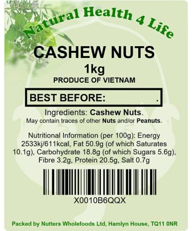 Natural Health 4 Life Whole Cashew Nuts 1kg - Buy Online on GoSupps.com