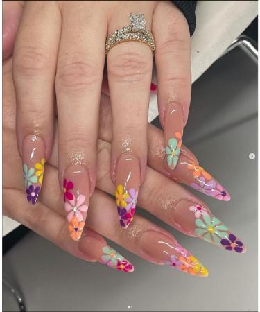 JUSTOTRY 24 Pcs Colourful Flower Stiletto Fake Nails Long Rainbow French Press on Nails Patterns Floral Almond Stick on Nails for Women Acrylic Extra Long False Nails Long with Glue for Nail Art flower& Stiletto 1