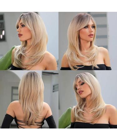 HAIRCUBE Blonde Ombre Long Curly Wig with Bangs - Heat Resistant Synthetic Shoulder Length Wig for Women - Buy Online on GoSupps.com
