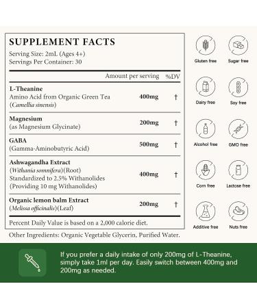 L Theanine 400mg Liquid Drops L-Theanine Supplement for Adults & Kids with GABA Magnesium & Ashwagandha Natural Sleep Focus & Relaxation Support Vegan Alcohol-Free Non-GMO 2 FL OZ 2 Fl Oz (Pack of 1) - Buy Online on GoSupps.com