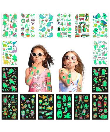 210pcs Glow Temporary Tattoos For Kids,Luminous Tattoo Stickers for Boys and Girls,Mixed Styles Glow In The Dark Tattoos,Unicorn Dinosaur Pirate Mermaid Fake Tattoos Party Supplies Gifts for Children 16 sheets of 210 kinds