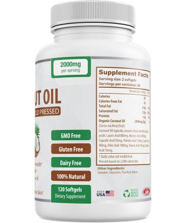 Organic Coconut Oil Capsules 2000mg - 100% Extra Virgin, Cold Pressed for Healthy Skin, Extra Hair Growth, Nail Care, Brain Booster - 120 Softgels - Unrefined Pure & Non GMO Pills - Rich in MCT - Buy Online on GoSupps.com