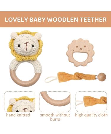 Wooden Baby Rattle - Crochet Lion Newborn Toy with Natural Wood Teething Ring - Handmade Gift for Boys and Girls - Buy Online on GoSupps.com
