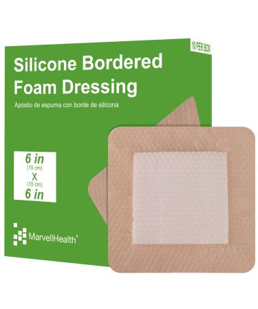 Silicone Bordered Foam Dressing 6" x 6" Pack of 10 Individual Sterile Pads Gentle Adhesive Water Resistant Highly Absorbent Reduce Sacr for Pressure Ulcer 6x6 10 Counts